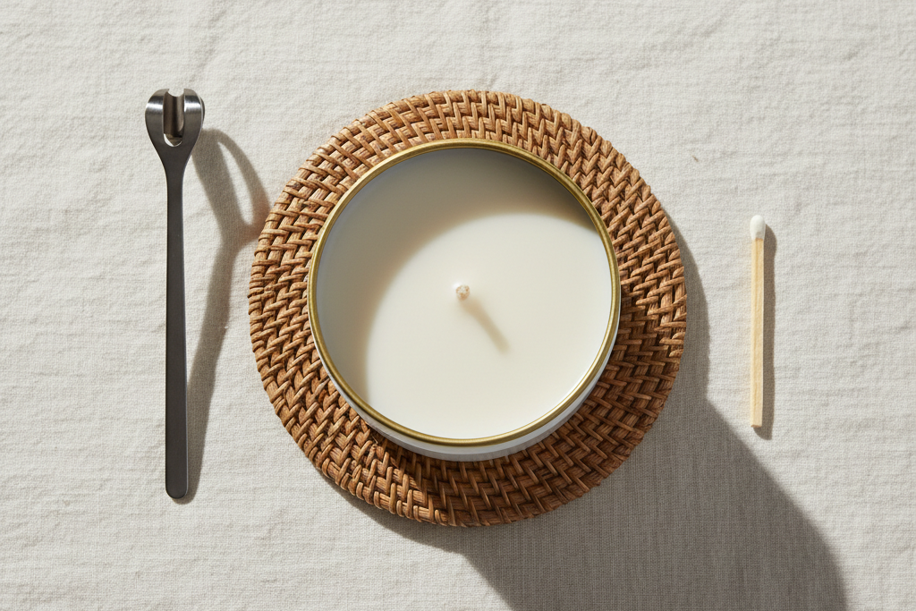 Top-down flat lay of a white metal tin soy candle with a gold rim, single wick, clean wax surface, placed on a woven coaster on an off-white linen background, minimal arrangement with a small wick trimmer and a matchstick placed neatly, editorial minimal style, soft daylight, ultra realistic, 4k
